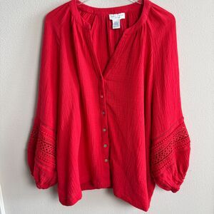 Calypso St. Barth Cotton Gauze Top Womens 3X Red Boho Eyelet Balloon Sleeve